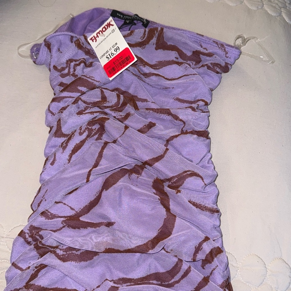 Purple mid body con dress. Strapless